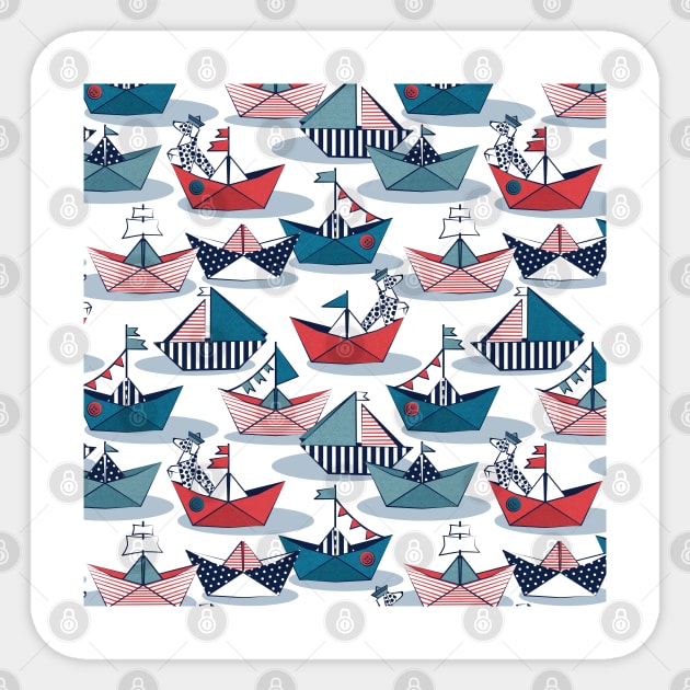 Origami dog day at the lake // pattern // white background red teal and blue origami sail boats with cute Dalmatian Sticker by SelmaCardoso